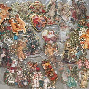 Vintage Victorian Christmas Ornaments 80s Scrap Die Cut Relief Bundle Set Angels